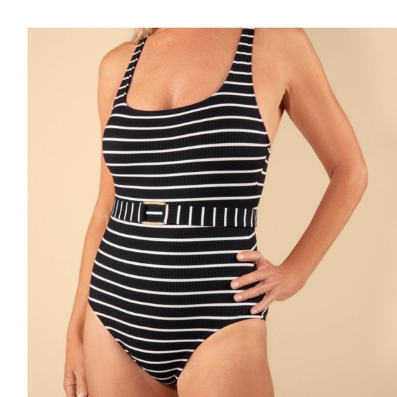Lands' End Striped One Piece Swimsuit Criss Cross Back Belt Black White NWT XL - Picture 1 of 6